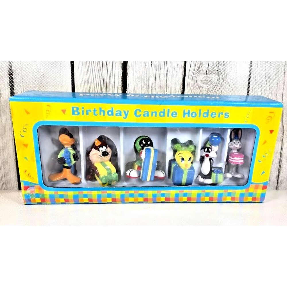 Looney Tunes Birthday Candle Holders Ceramic Set of 6 in Box Cake Topper VTG